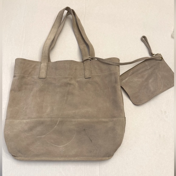 Frye Leather Suede Harvest Tote Shoulder Bag Light Gray with Pouch - Picture 1 of 14